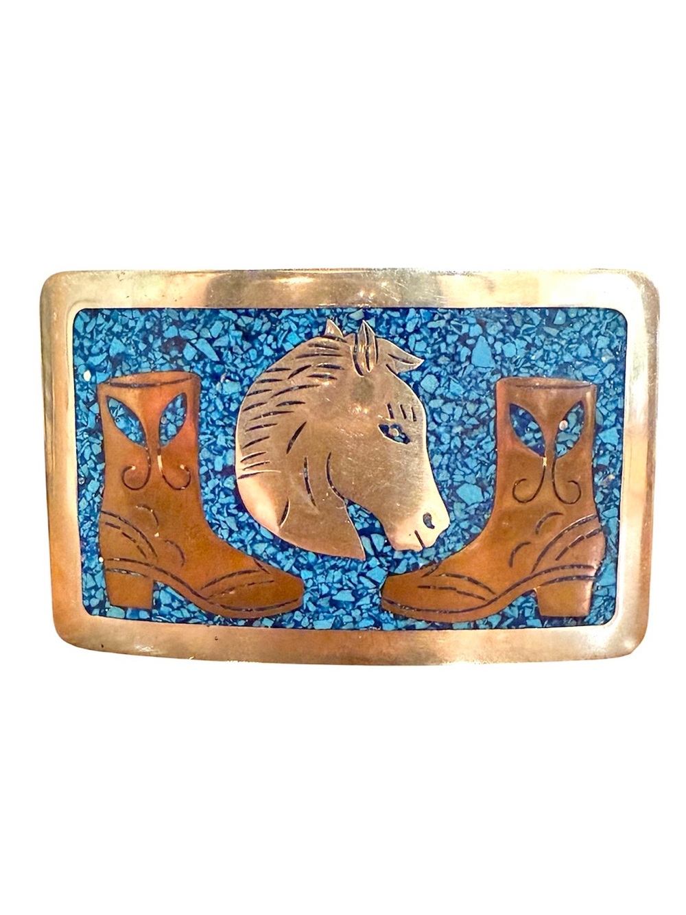 Vintage Southwestern Horse Head & Cowboy Boots Brass Belt Buckle Turquoise Inlay